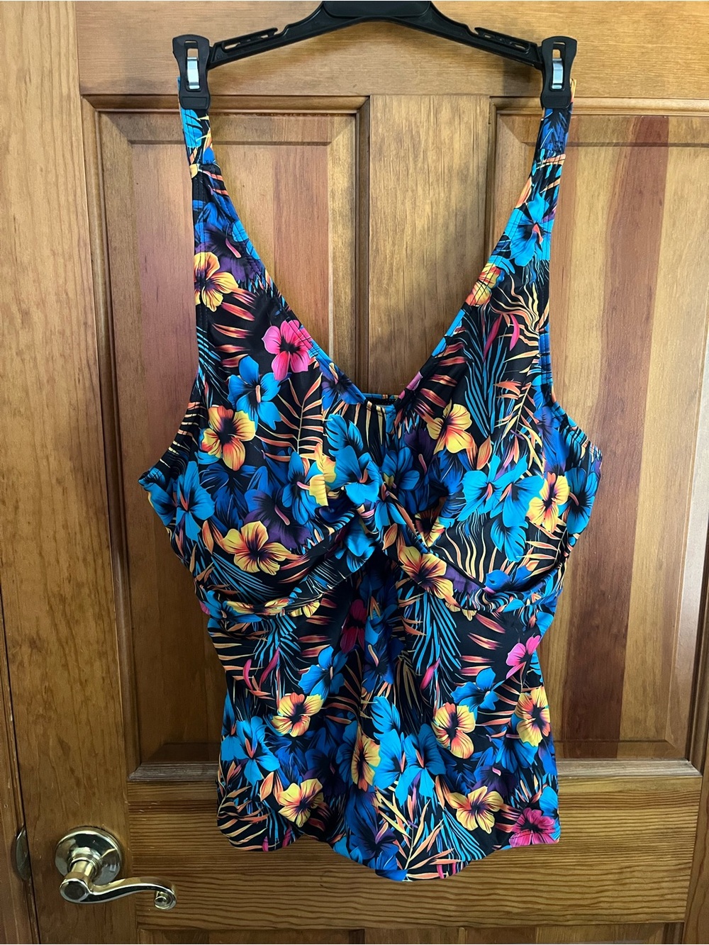 Tropical Floral Tankini Top with black skirt - Vibrant Blue & Yellow Flowers